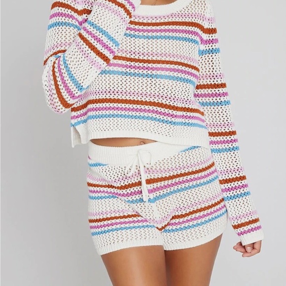 Lspace On the Horizon Striped Crochet Shorts Cream Pink Blue Red Size Medium - Picture 3 of 12